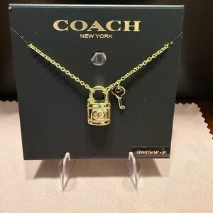 NWT Coach Signature Padlock & Key Black Enamel Necklace Gold Tone Logo C